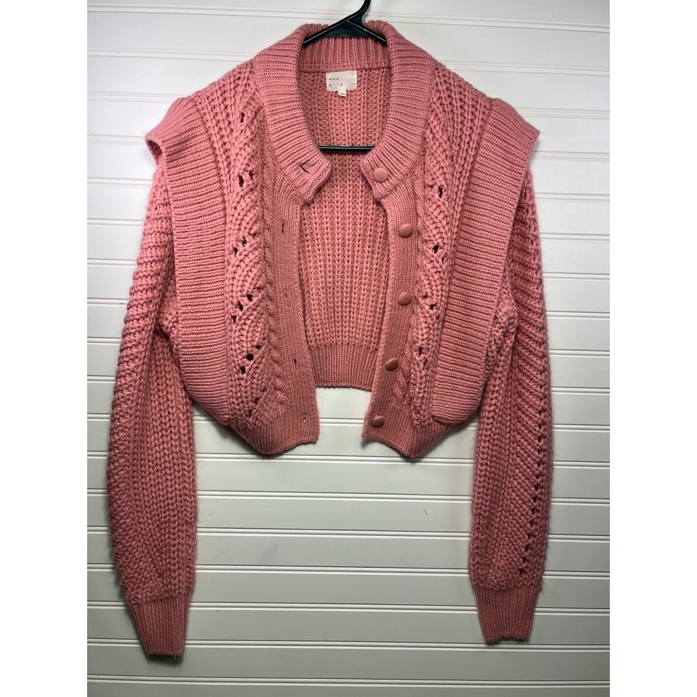 dee elly Pink Cropped‎ Cable Knit Cardigan Sweater Size S